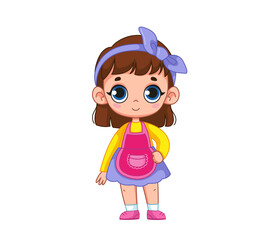 A cute little girl in a chef's outfit and a pink apron. Vector illustration of baby baker character in cartoon childish style. Isolated funny clipart on white background. cute baby chef print.
