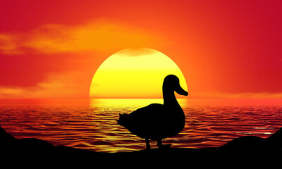 Duck Bird Silhouette Sunset Beach Sunrise landscape illustration