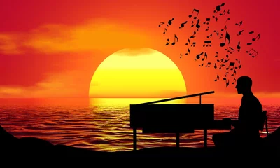 Foto op Canvas Pianist Muziek Piano Silhouet Zonsondergang Strand Zonsopgang landschap illustratie © SunFrot