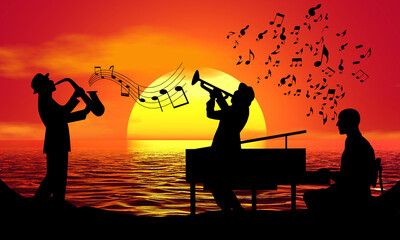 Fototapeta na wymiar Pianist Trumpet Music Silhouette Sunset Beach Sunrise landscape illustration
