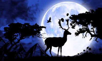 Reindeer Deer Antler Moose Silhouette under full Moon at night illustration
