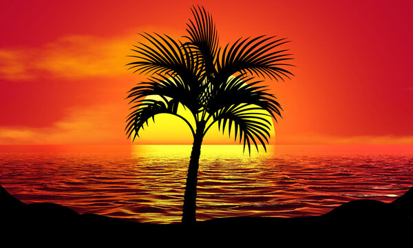 Palm Date Tree Silhouette Sunset Beach Sunrise landscape illustration