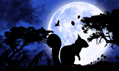 Squirrel Animal Silhouette under full Moon at night illustration