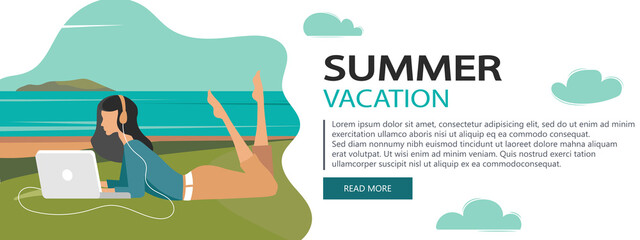Summer vacation website banner. Woman sitting on beach. Concept for vacation, holiday and travel. Summer time. Flat vector illustration	