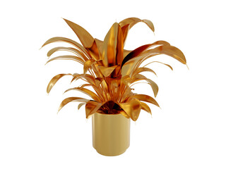 The concept of a golden plant in a pot insulated on a white background