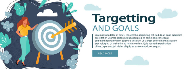 Cartoon vector illustration of woman hit a target with arrow. Winner or goals concept. Targeting. Flat vector illustration 