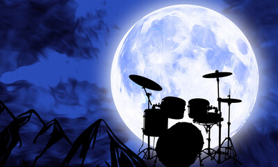 Drummer Musician Drum Silhouette under full Moon at night illustration