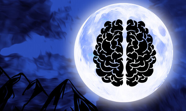 Brain mind Silhouette under full Moon at night illustration