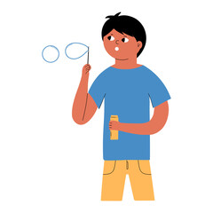 A little boy holds soap bubbles in his hand. Vector illustration in flat style