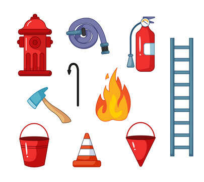A set of cute firefighter equipment. Fire hydrant, hose, fire extinguisher, bucket, ladder, fire. Vector illustration in cartoon childish style. Isolated funny clipart on white background. cute print.