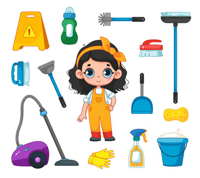 Gabor profession cleaner. Cute character girl and cleaning and washing equipment at home. Vacuum cleaner, mop, brush, bucket, vantus. Vector illustration in cartoon childish style. Isolated clipart.