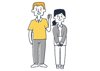 ヘルパーと医療療法士　コミカルな手書きの人物イラスト　ベクター線画にシンプルな色つけ　白バック
