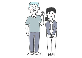 ヘルパーと医療療法士　コミカルな手書きの人物イラスト　ベクター線画にシンプルな色つけ　白バック
