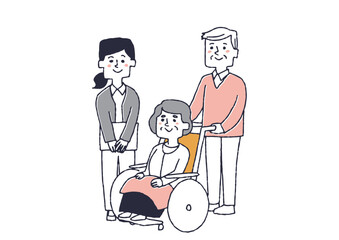 車椅子に乗った高齢女性と夫、医療療法士　コミカルな手書きの人物イラスト　ベクター線画にシンプルな色つ
