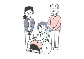 車椅子に乗った高齢女性と夫、医療療法士　コミカルな手書きの人物イラスト　ベクター線画にシンプルな色つ
