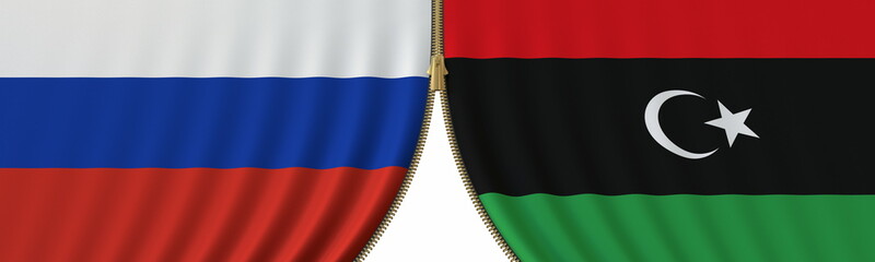 Fototapeta premium Flags of Russia and Libya and closing or opening zipper between them. Political negotiations or interaction conceptual 3D rendering
