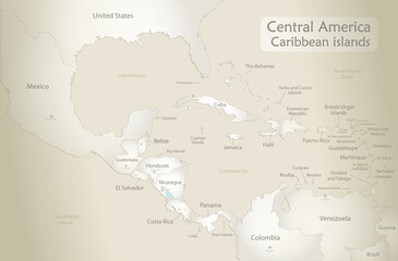 Caribbean islands and Central America map,  states and islands and capitals with names, old paper background vector