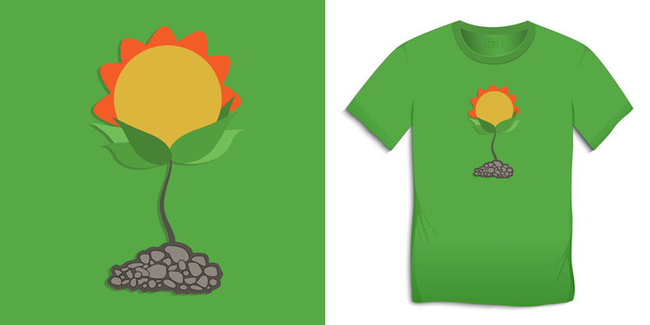 Sunflower, Green Graphic Design Of Plants For T-shirts, Flat Design For Print Vector