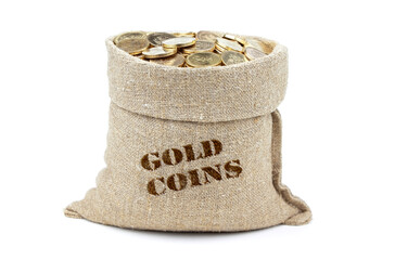 A bag of gold coins isolated on a white background. Coins in a linen bag.Treasure Bag. Money is...