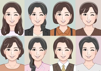 女性の顔パターン8種類