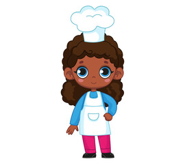 Black cute girl in chef costume and hat. Vector illustration of a character in a cartoon childish style. Isolated funny clipart on white background. cute baby baker print.