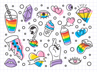 A set of LGBTQ+ community elements.Rainbow, abstraction,hand, sweets, hearts.