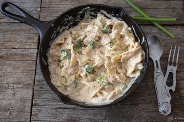 Cast Iron Camping Alfredo and Broccoli Pasta