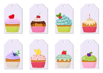 Cupcakes with cream and chocolate set. Price tags, labels, signs, postcards. Sweet muffin collections decorated with cherry, blackberry and mint, candle, lemon, cookie, strawberry. Vector illustration