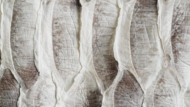 White snake leather close-up, production of handmade accessories made of genuine or artificial animal python skin. Hide material on workplace, quality control.