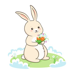 Rabbit and bouquet flower, hello spring card. Romantic bunny or cute hare draw character mascot. Vector design love, template postcard, invitation or childish banner, poster illustration