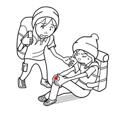 　A mountaineering girl runs up to her friend with an injured knee.