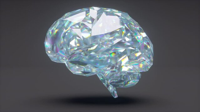 Glass bright model of brain with 3d render gradient faces. Artificial intelligence in realistic decorative design. Symbol of multifaceted creative thinking and digital development.