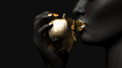 A female figure holding a bitten golden apple on dark background. 3D illustration.