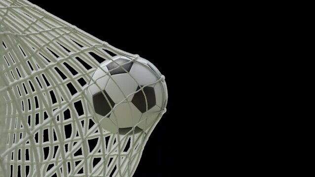 Football Soccer ball hit net and goal in super slow motion with alpha channel transparent background