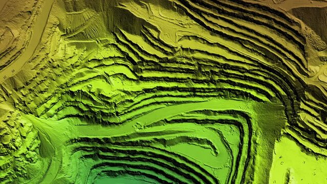Animation of a mine elevation. GIS product made after processing aerial data taken from a drone. It shows excavation site with steep rock walls