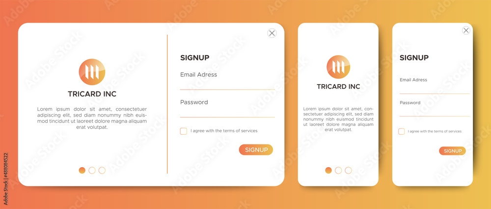 Poster set of sign up and sign in forms. white and orange. mobile registration and login forms page. profes