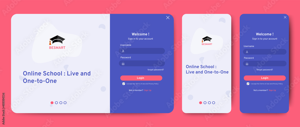 Poster set of sign up and sign in forms. blue gradient. mobile registration and login forms page. professio