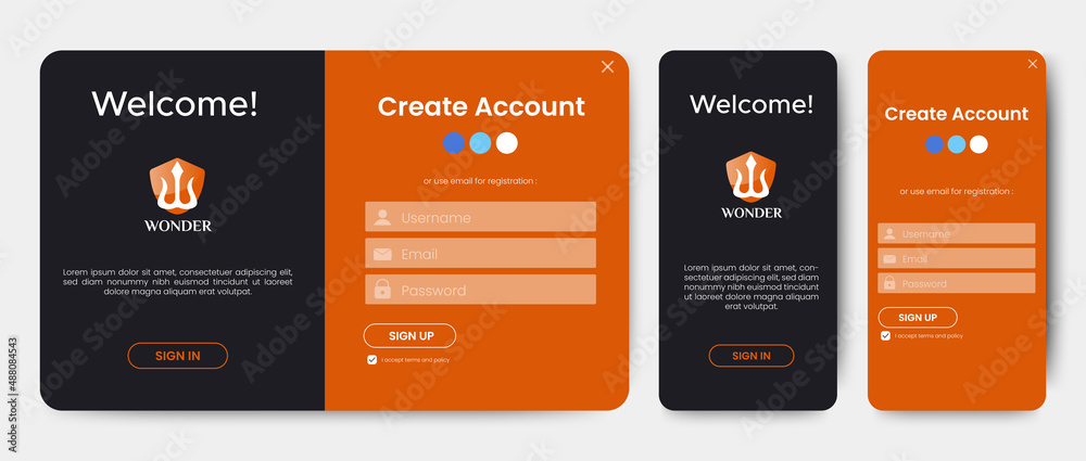 Poster set of sign up and sign in forms. black. mobile registration and login forms page. professional web 