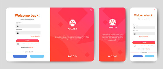 Set of Sign Up and Sign In forms. Red gradient. Mobile Registration and login forms page. Professional web design, full set of elements. User-friendly design materials.