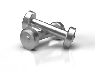 Two silver dumbbells with silhouettes isolated on white background.
