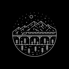 Fototapeta premium view of a train passing by in the background of a mountain and forest in mono line art
