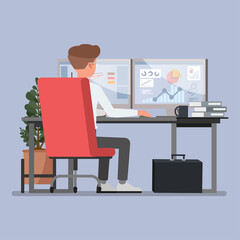 Businessman working with data analytics character vector illustration design. Presentation in various action. People working in office planning, thinking and economic analysis.