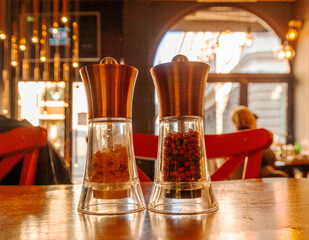 pepper and salt on the table in the restaurant
