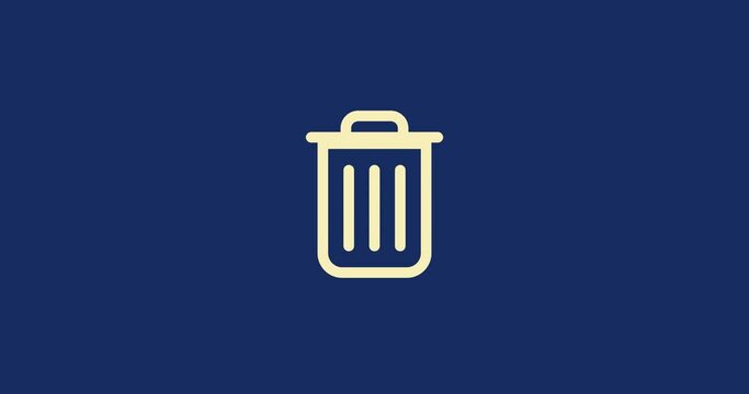 Yellow trash bin icon animation on blue background. Using bounce style and stretch effect.