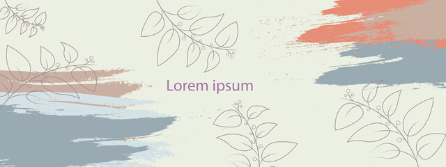 Modern abstract background with minimalism. Calm, pastel colors in brown tones. Plant elements. Wedding invitation design.