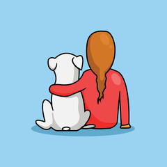 A girl with long hair and her dog, isolated on a blue background.