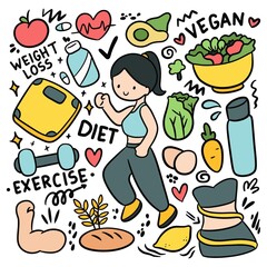 Hand Drawn Diet Doodle Set, Exercise and Healthy Food Vector Clipart