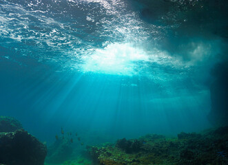 Fototapeta na wymiar underwater view of the world in rays of light