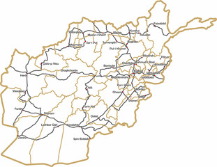 Vector contour map of the state of Afghanistan. The territory of the republic with large cities, roads, borders of regions.
