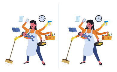 busy mom. happy and stress. Multitasking housewife household activity work overload